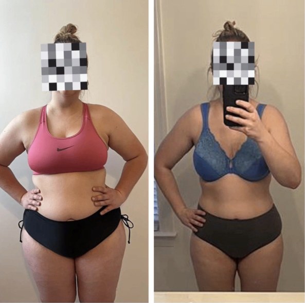 Charlotte before and after transformation, Down 48 lbs in 9 months and 8 inches in the waist
