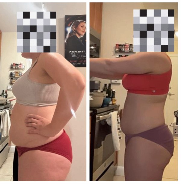 Rachel before and after transformation, Down 10 lbs and 4 inches in the hips & waist in 3 months