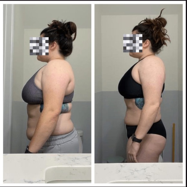 Brianne before and after transformation, Down 1 lb in 6 months (the body recomp went crazy)