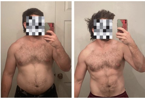 M. before and after transformation, Down 25 lbs in 3 months