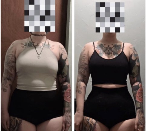 Kat before and after transformation, Down 20 lbs and 3 inches in the waist in 9 months